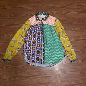 Anthropologie Maeve Small Geometric Pink and Orange Button Long Sleeve Blouse